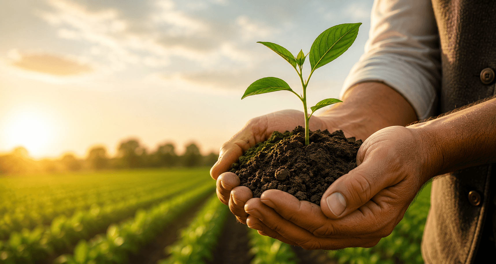 Hands holding soil with a young green seedling at sunrise