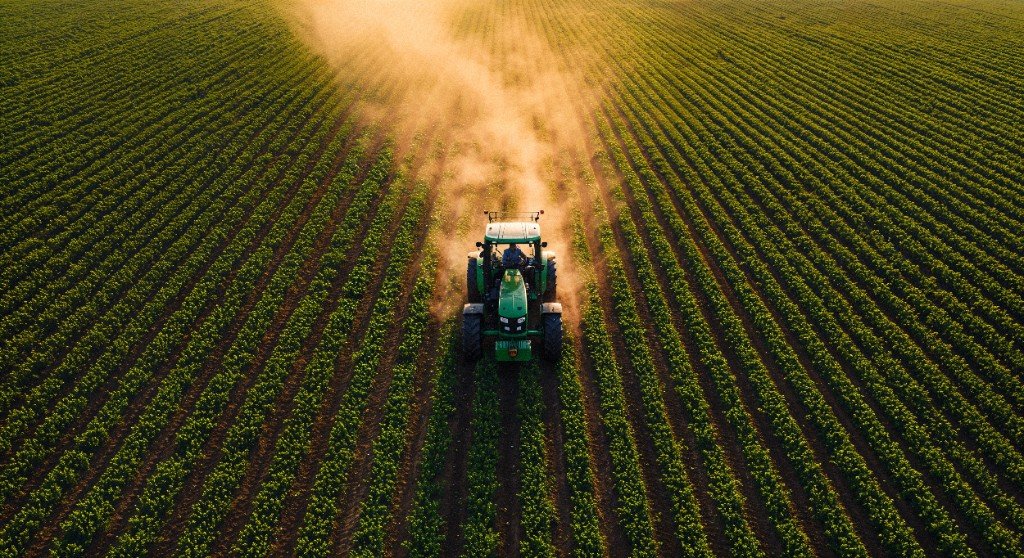 Tractor working through green crop rows at golden hour