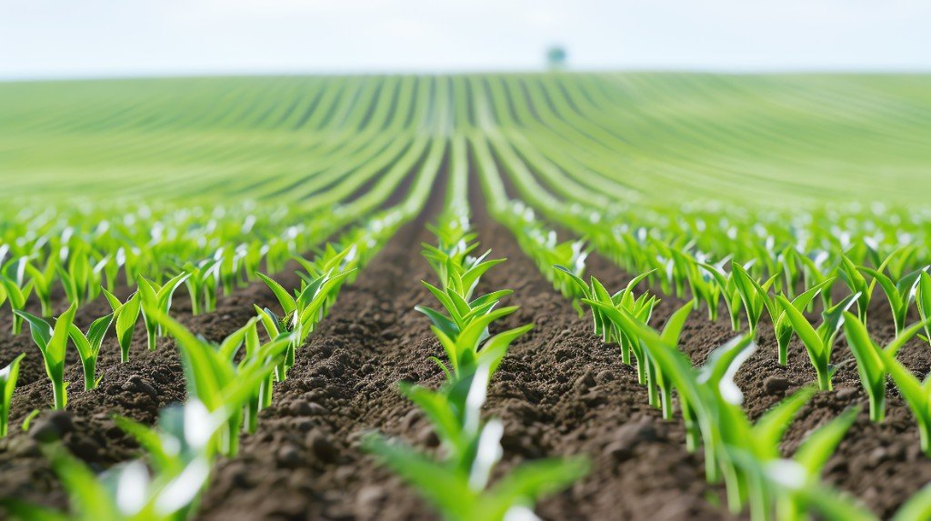Rows of young green crops stretching across fertile farmland